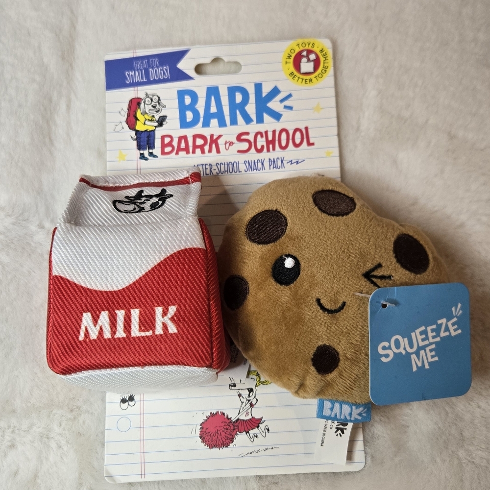 Bark Box Bark To School After-School Snack Pack Milk Cookie Squeaker Toy Set New